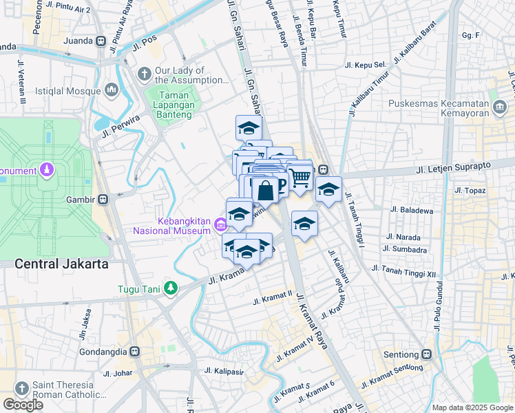 map of restaurants, bars, coffee shops, grocery stores, and more near Jalan Senen Raya in Kota Jakarta Pusat