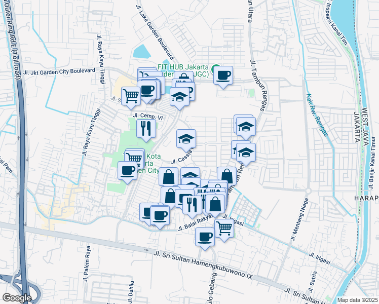 map of restaurants, bars, coffee shops, grocery stores, and more near 46 Jalan Cassia Utama in Kota Jakarta Timur