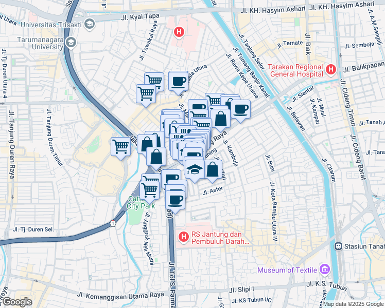 map of restaurants, bars, coffee shops, grocery stores, and more near Jalan Tomang Raya in Djakarta