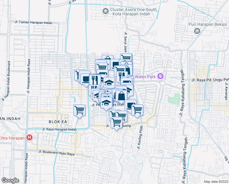 map of restaurants, bars, coffee shops, grocery stores, and more near 21 Jalan Apel 2 in Kota Bekasi