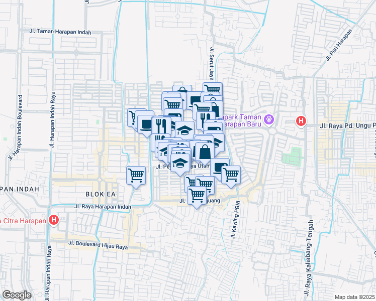 map of restaurants, bars, coffee shops, grocery stores, and more near 21 Jalan Apel 2 in Kota Bekasi