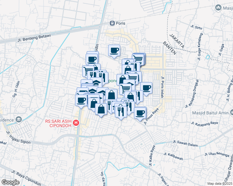 map of restaurants, bars, coffee shops, grocery stores, and more near Gelora 2 in Tangerang