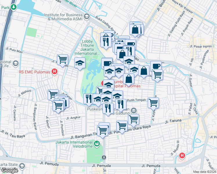 map of restaurants, bars, coffee shops, grocery stores, and more near 21 Jalan Kayu Putih Raya in Kota Jakarta Timur
