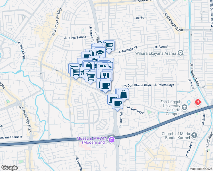 map of restaurants, bars, coffee shops, grocery stores, and more near Jalan Panjang in Kota Jakarta Barat