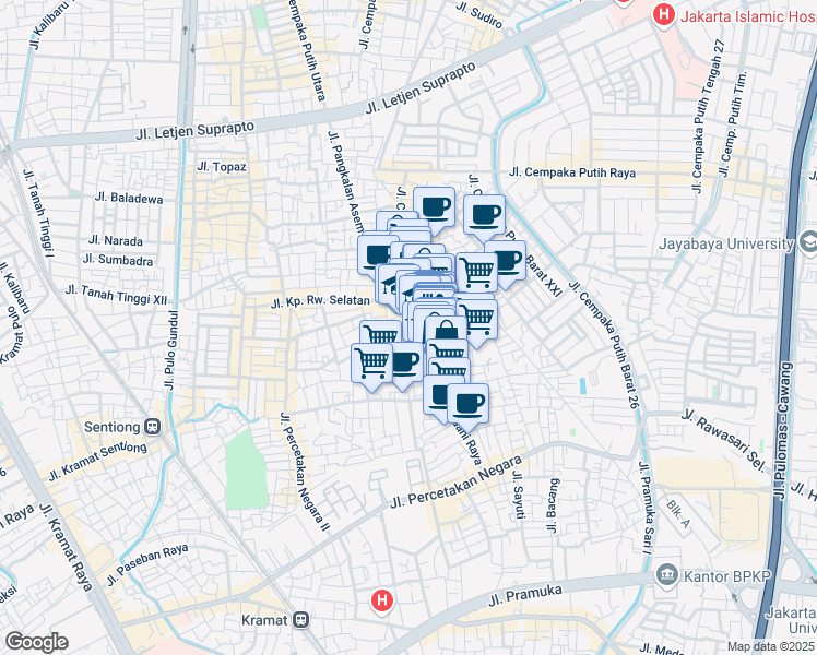 map of restaurants, bars, coffee shops, grocery stores, and more near 4 Jalan Johar Baru in Kota Jakarta Pusat