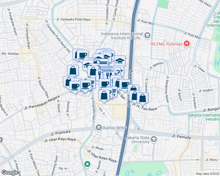 map of restaurants, bars, coffee shops, grocery stores, and more near Jalan Rawasari Selatan in Kota Jakarta Pusat