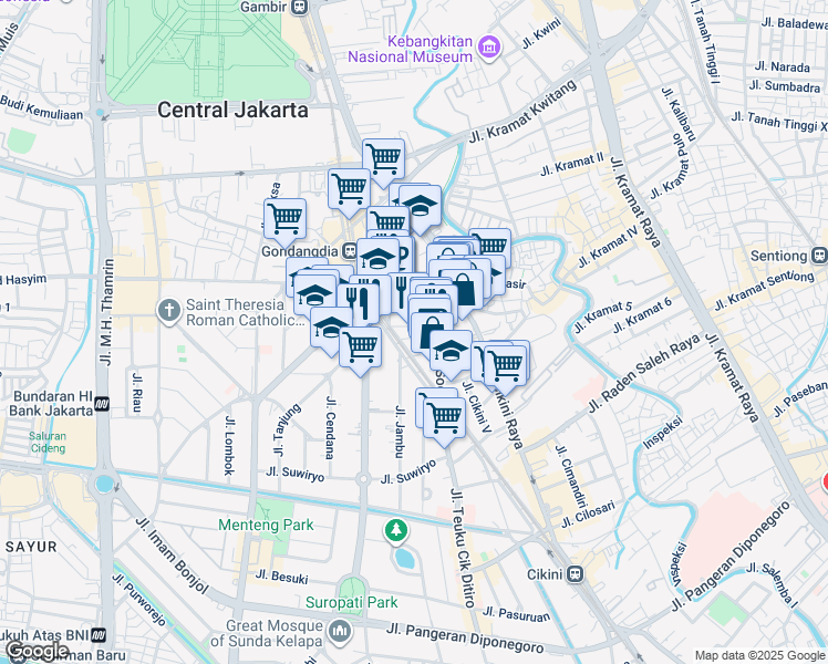 map of restaurants, bars, coffee shops, grocery stores, and more near 3 Jalan Cut Nyak Dien in Kota Jakarta Pusat