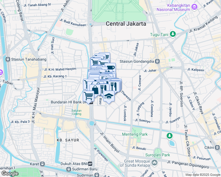 map of restaurants, bars, coffee shops, grocery stores, and more near Jalan Lombok in North Jakarta