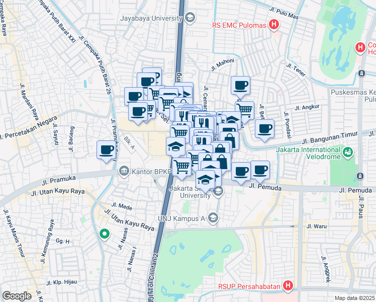 map of restaurants, bars, coffee shops, grocery stores, and more near 24 Jalan Pemuda I in Kota Jakarta Timur