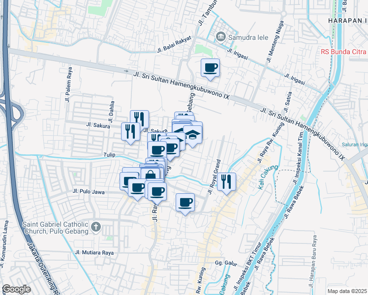 map of restaurants, bars, coffee shops, grocery stores, and more near Jalan Pulo Gebang in Kota Jakarta Timur