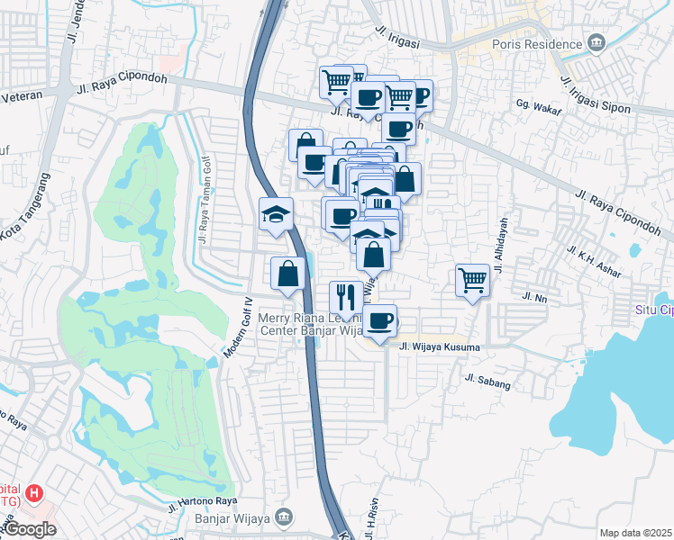 map of restaurants, bars, coffee shops, grocery stores, and more near 42 Jalan Banjar Wijaya in Tangerang