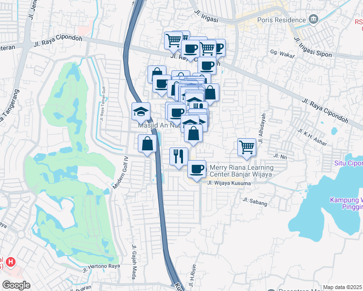 map of restaurants, bars, coffee shops, grocery stores, and more near 42 Jalan Banjar Wijaya in Kota Tangerang