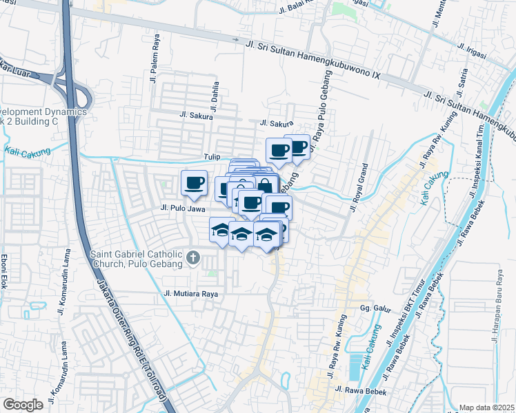 map of restaurants, bars, coffee shops, grocery stores, and more near Jalan Pulo Gebang in Kota Jakarta Timur