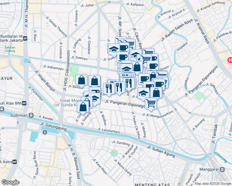 map of restaurants, bars, coffee shops, grocery stores, and more near Jalan Syamsu Rizal in Kota Jakarta Pusat