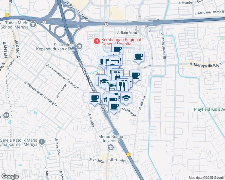 map of restaurants, bars, coffee shops, grocery stores, and more near 14 Jalan Bungur in Kota Jakarta Barat