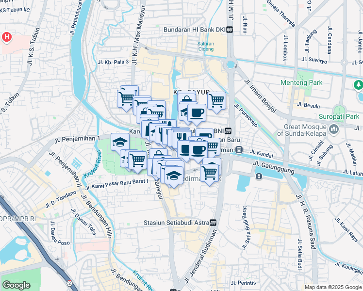 map of restaurants, bars, coffee shops, grocery stores, and more near Jalan RM Margono Djojohadikusumo in Djakarta