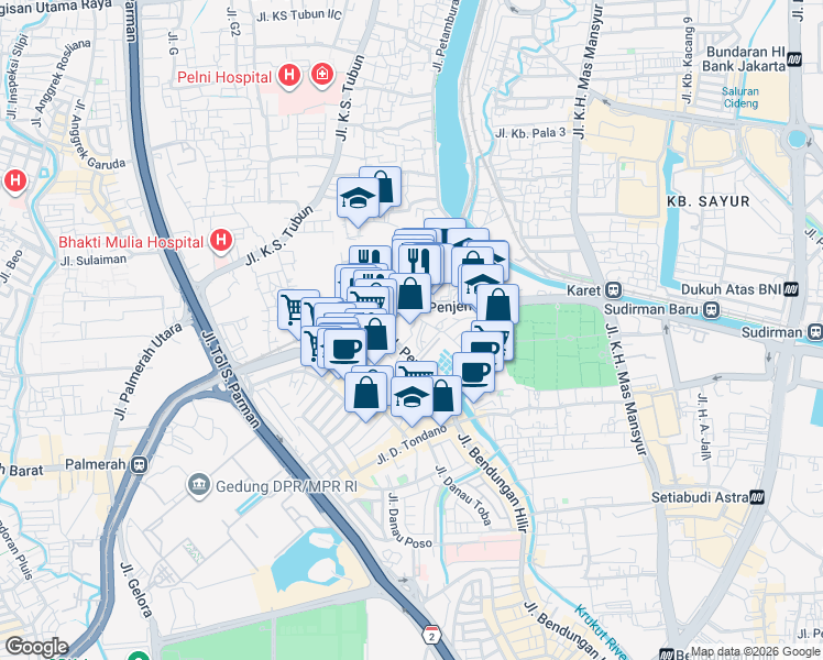 map of restaurants, bars, coffee shops, grocery stores, and more near 20 Jalan Pam Baru VI in Kota Jakarta Pusat