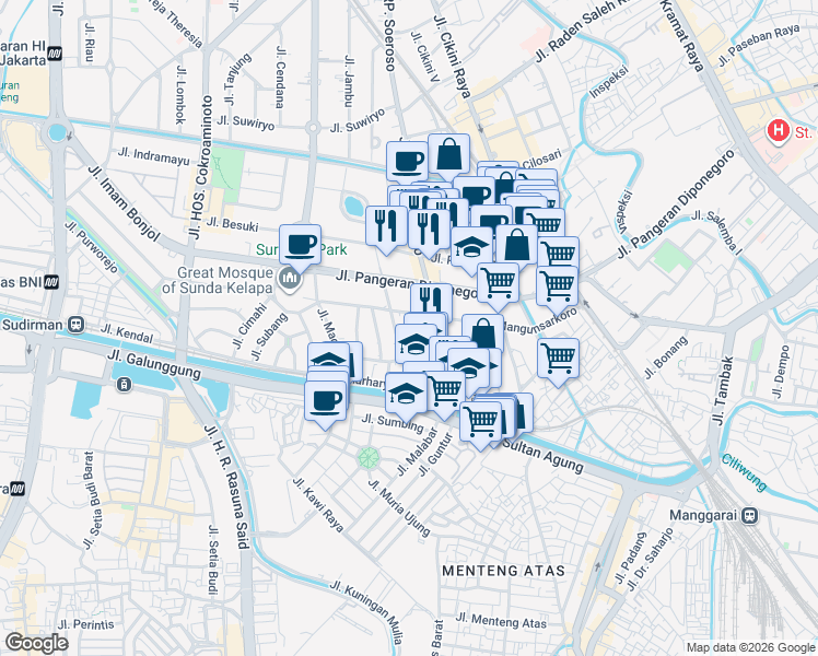 map of restaurants, bars, coffee shops, grocery stores, and more near 31 Jalan Cirebon in Kota Jakarta Pusat