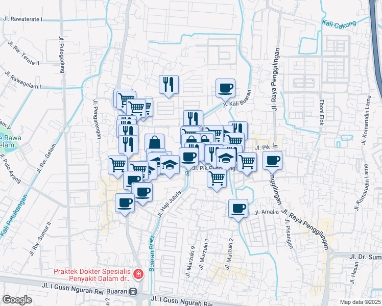 map of restaurants, bars, coffee shops, grocery stores, and more near 65 Jalan Pik Penggilingan in Kota Jakarta Timur