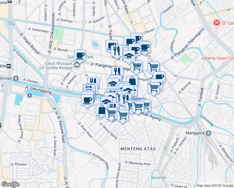 map of restaurants, bars, coffee shops, grocery stores, and more near No.10 Jalan Latuharhary in Kota Jakarta Pusat