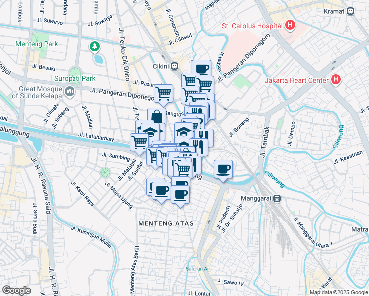map of restaurants, bars, coffee shops, grocery stores, and more near 27 Jalan Menteng Sukabumi Gang 4 in Kota Jakarta Pusat
