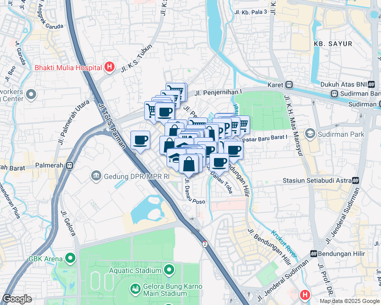 map of restaurants, bars, coffee shops, grocery stores, and more near 24 Jalan Pejompongan Raya in Kota Jakarta Pusat