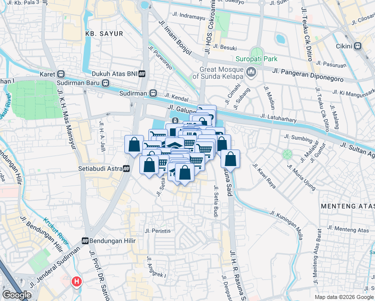map of restaurants, bars, coffee shops, grocery stores, and more near 16 Jalan Setia Budi VIII in Kota Jakarta Selatan