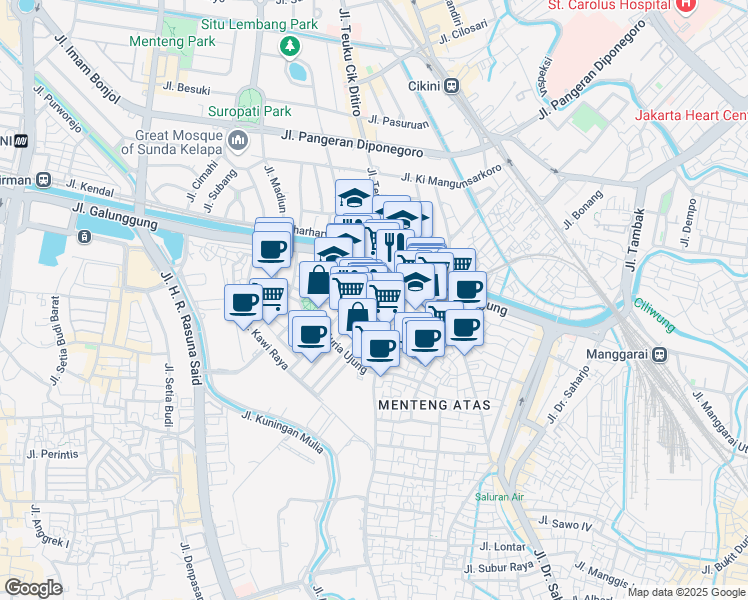 map of restaurants, bars, coffee shops, grocery stores, and more near 1a Jalan Guntur in Kota Jakarta Selatan