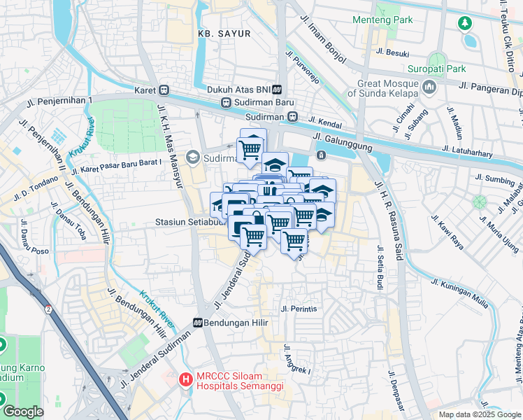 map of restaurants, bars, coffee shops, grocery stores, and more near Jalan Jendral Sudirman in Kota Jakarta Pusat
