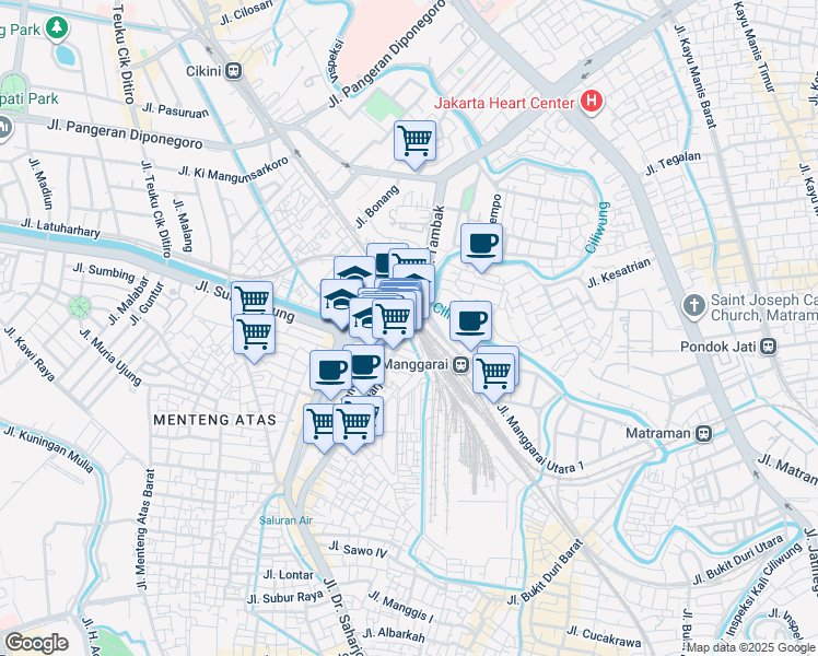 map of restaurants, bars, coffee shops, grocery stores, and more near Jalan Sultan Agung in Kota Jakarta Selatan