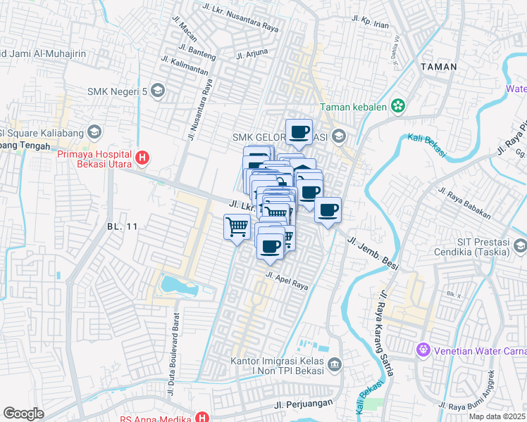 map of restaurants, bars, coffee shops, grocery stores, and more near Jalan Kaliabang in Kota Bekasi