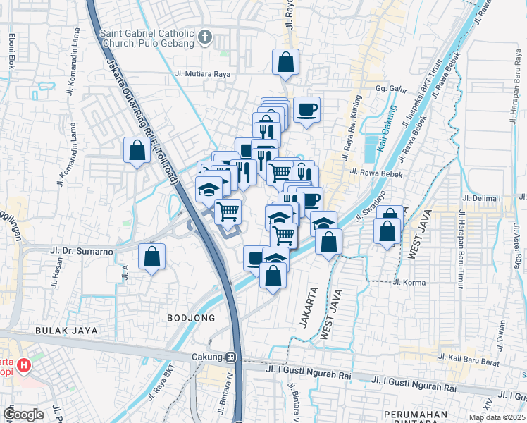 map of restaurants, bars, coffee shops, grocery stores, and more near 8 Jalan Warga Bakti in Kota Jakarta Timur