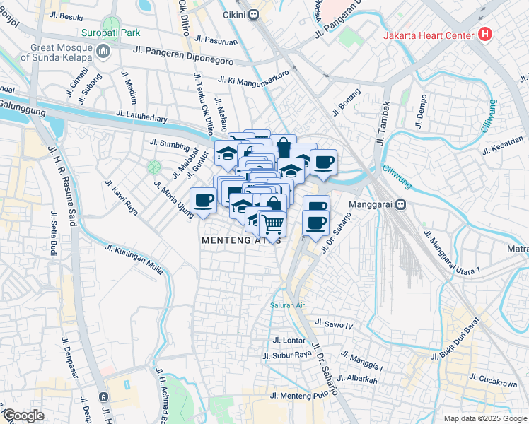 map of restaurants, bars, coffee shops, grocery stores, and more near Jalan Menteng Wadas Timur in Djakarta