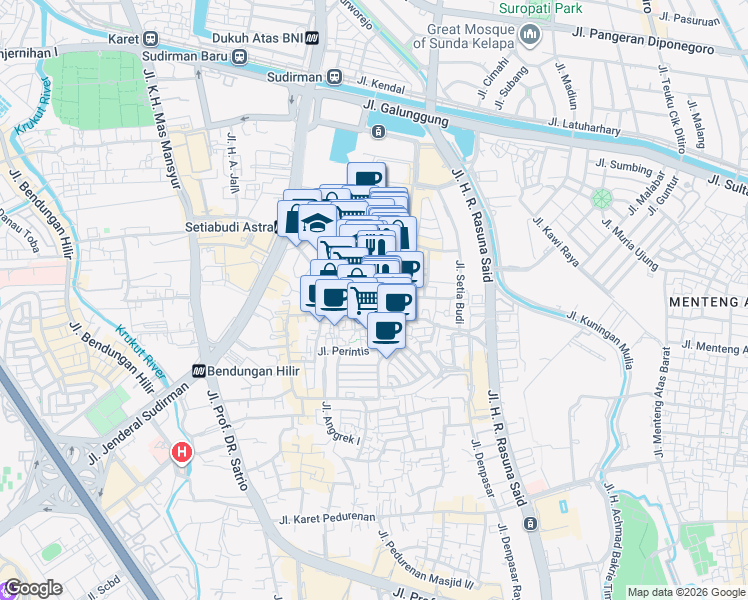 map of restaurants, bars, coffee shops, grocery stores, and more near Gang Karet Karya I in Kota Jakarta Selatan