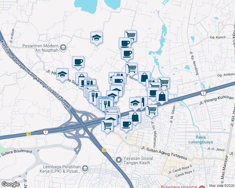 map of restaurants, bars, coffee shops, grocery stores, and more near Jalan Haji Jali in Tangerang