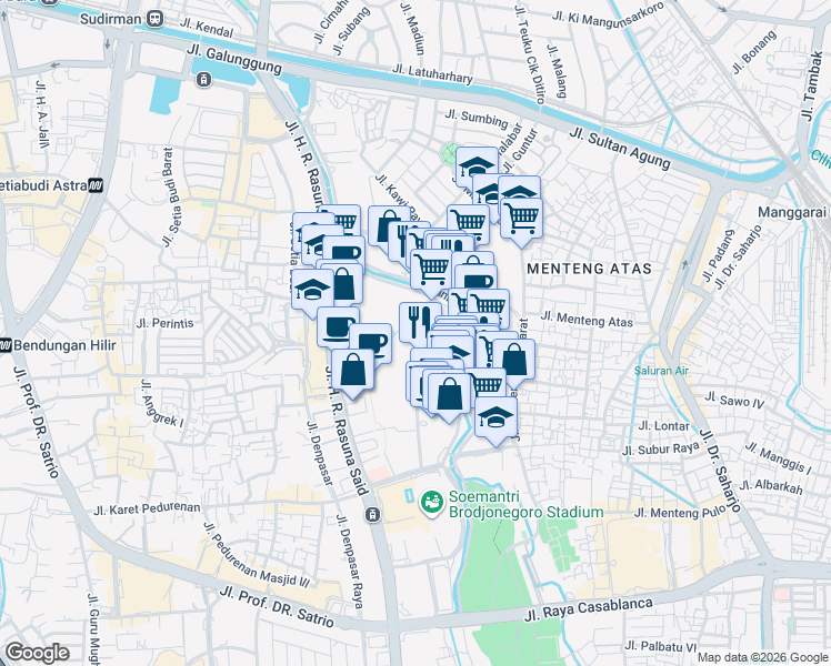 map of restaurants, bars, coffee shops, grocery stores, and more near 20 Jalan Haji Cokong Pedurenan in South Jakarta