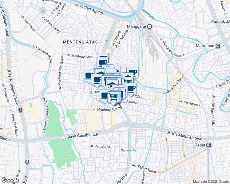 map of restaurants, bars, coffee shops, grocery stores, and more near Jalan Doktor Saharjo in Jakarta