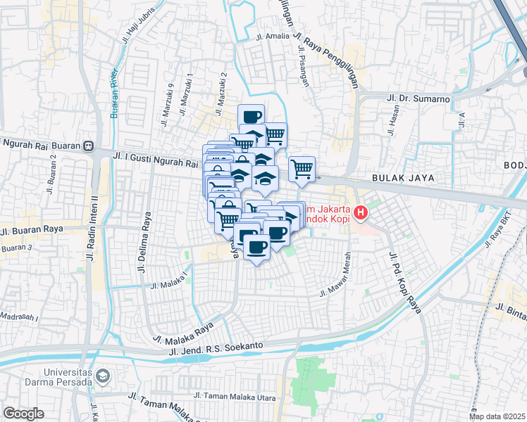 map of restaurants, bars, coffee shops, grocery stores, and more near 120-117 Gang 5 in Kota Jakarta Timur