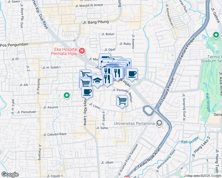 map of restaurants, bars, coffee shops, grocery stores, and more near V Jalan Permata Berlian in Kota Jakarta Selatan