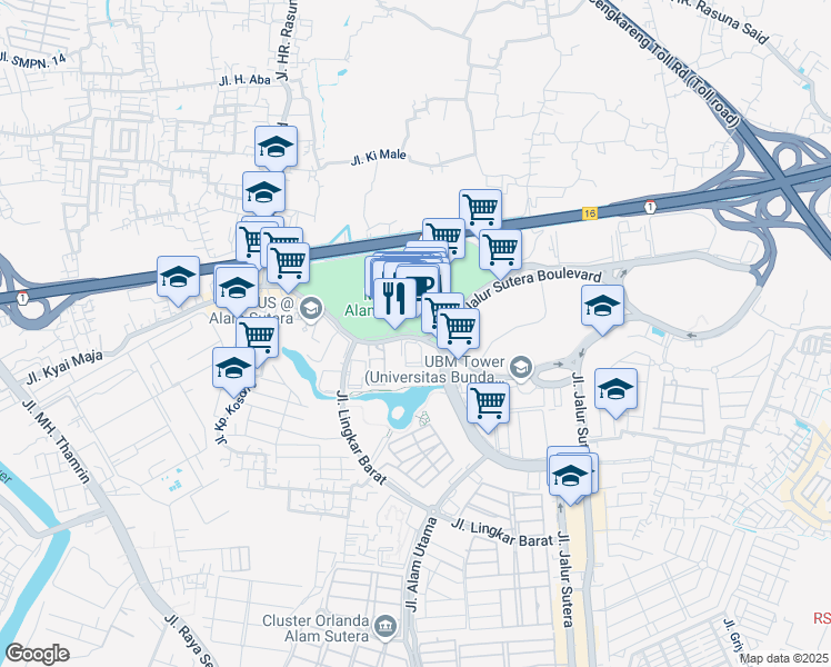 map of restaurants, bars, coffee shops, grocery stores, and more near 18 Jalan Jalur Sutera Barat in Kota Tangerang