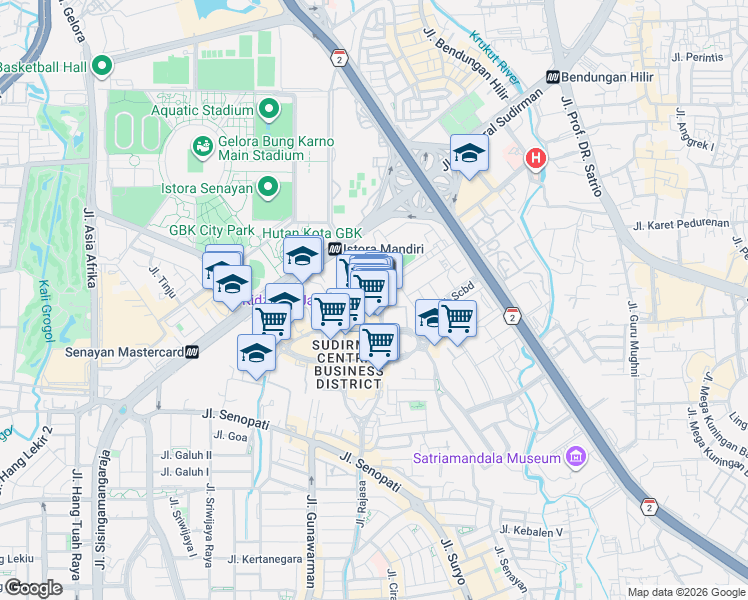map of restaurants, bars, coffee shops, grocery stores, and more near 52-53 Jalan Jendral Sudirman in Kota Jakarta Selatan