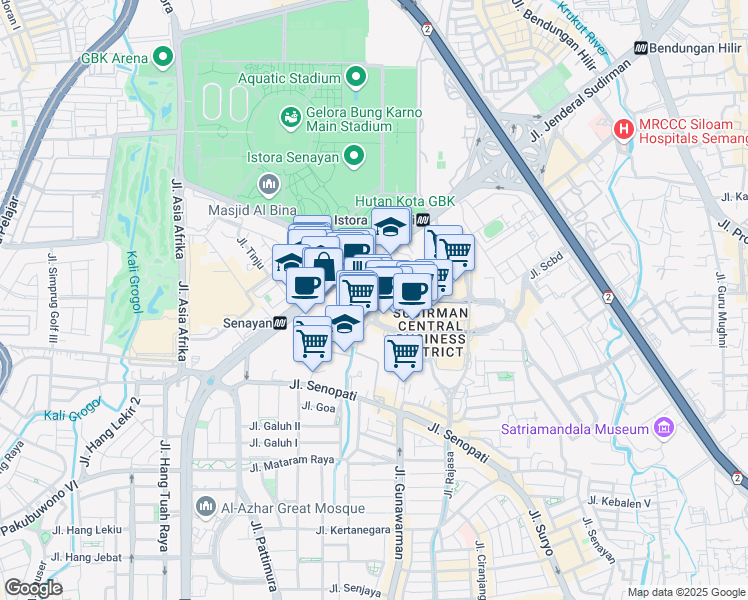 map of restaurants, bars, coffee shops, grocery stores, and more near Kav 58 Jalan Jenderal Sudirman in Kota Jakarta Selatan