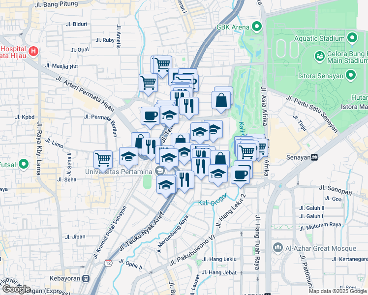 map of restaurants, bars, coffee shops, grocery stores, and more near 4C Jalan Simprug 18 in Kota Jakarta Selatan