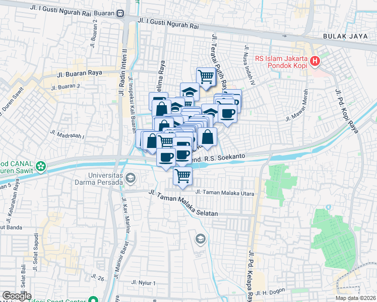 map of restaurants, bars, coffee shops, grocery stores, and more near 93 Jalan Malaka Raya in Kota Jakarta Timur