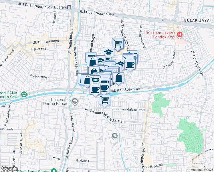 map of restaurants, bars, coffee shops, grocery stores, and more near 93 Jalan Malaka in Kota Jakarta Timur