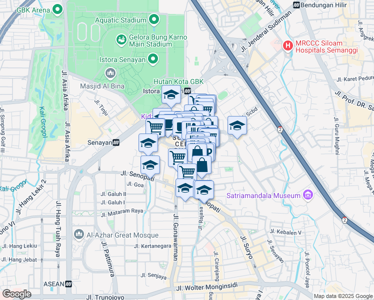 map of restaurants, bars, coffee shops, grocery stores, and more near 52-53 Jalan Jendral Sudirman in Kota Jakarta Selatan