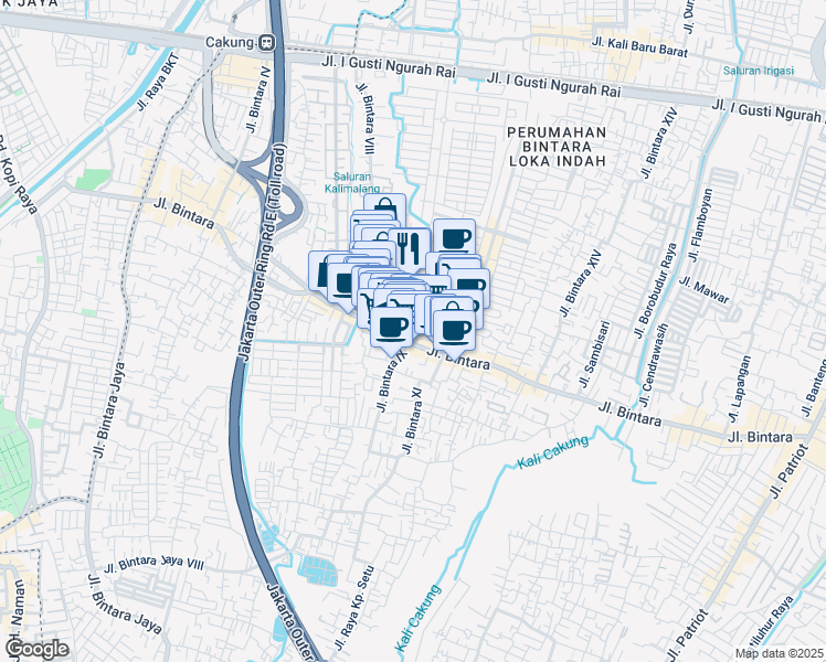 map of restaurants, bars, coffee shops, grocery stores, and more near 6 Jalan Bintara Raya in Kota Bekasi