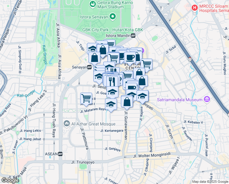 map of restaurants, bars, coffee shops, grocery stores, and more near 20 Jalan Senopati in Kota Jakarta Selatan