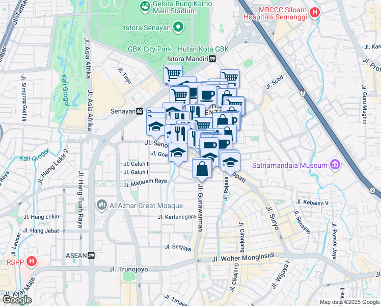 map of restaurants, bars, coffee shops, grocery stores, and more near Jalan Senopati in Kota Jakarta Selatan