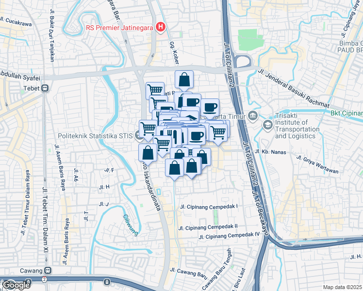 map of restaurants, bars, coffee shops, grocery stores, and more near 3 Jalan Otto Iskandar Dinata 3 in East Jakarta